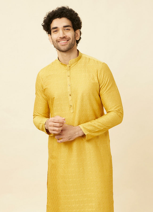 Manyawar Sunrise Yellow Hexagonal Mesh Printed Kurta Set - India shopping