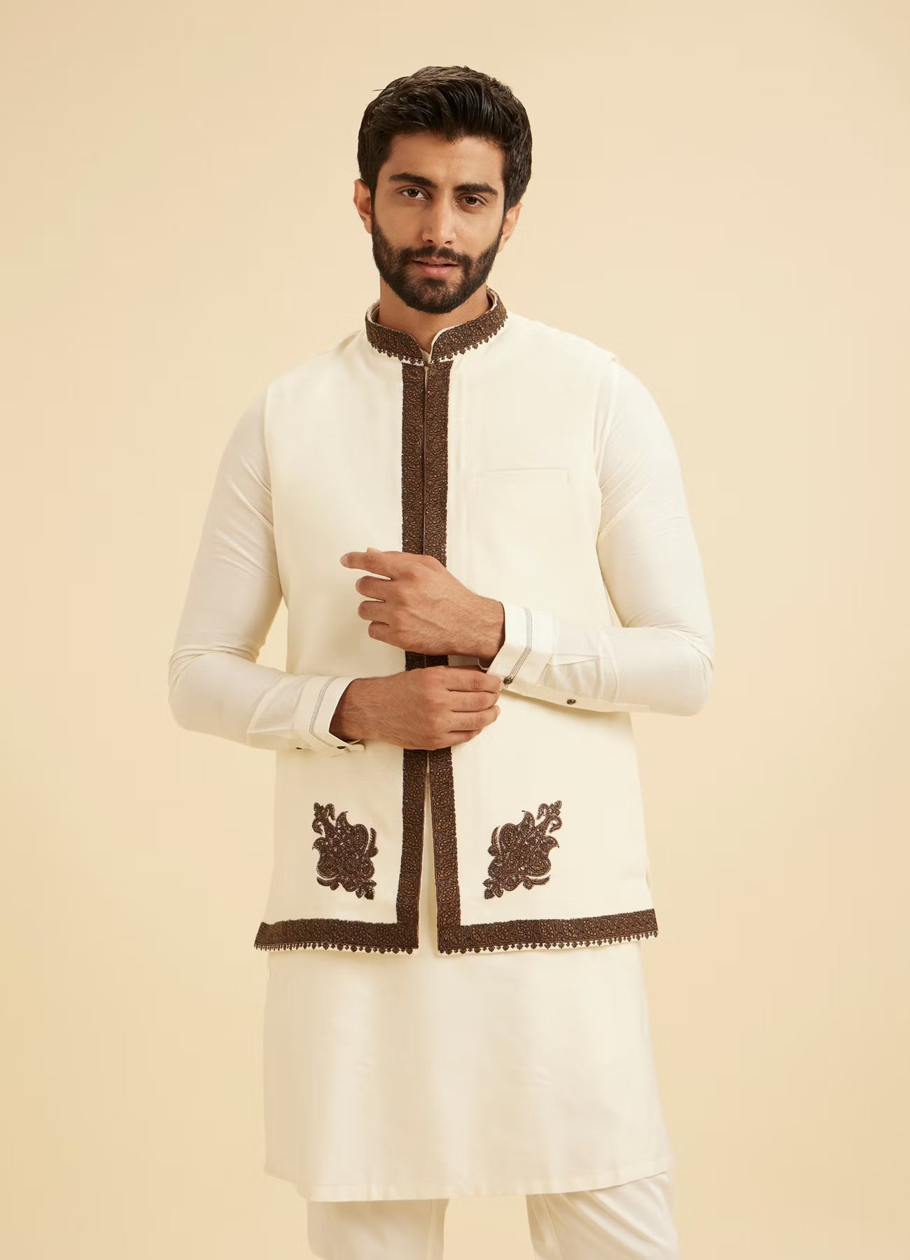 Manyavar Elegant Cream Kurta Jacket Set | Ready To Wear