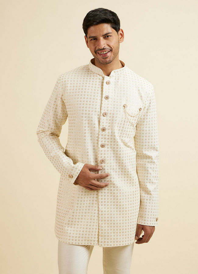Manyawar Cream Buta Jaal Patterned Kurta Set - India shopping