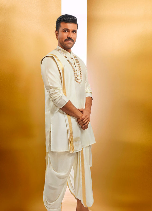 Manyawar Ivory White Traditional South Indian Kurta Pancha Set - India shopping
