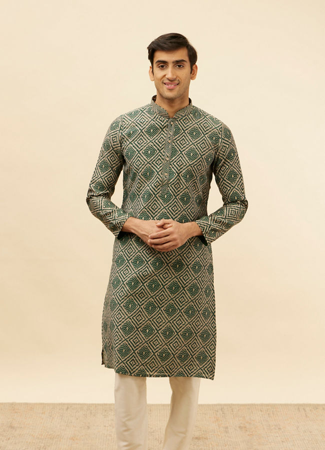 Manyawar Forest Green Grid Printed Kurta Set - India shopping