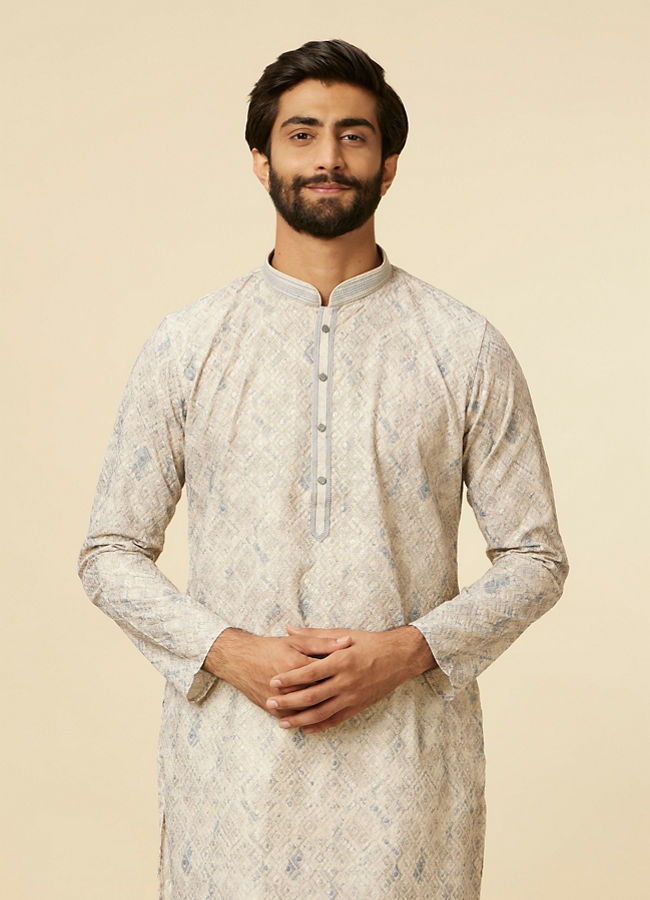 Manyawar Light Grey Chikankari Printed Kurta Set - India shopping