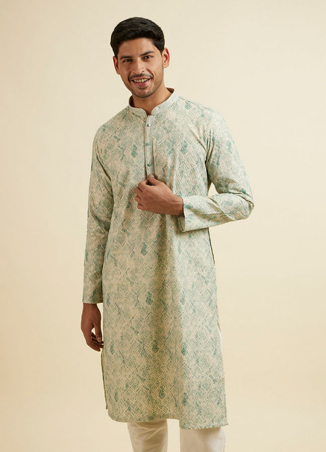 Manyawar Light Mid Green Chikankari Printed Kurta Set - India shopping