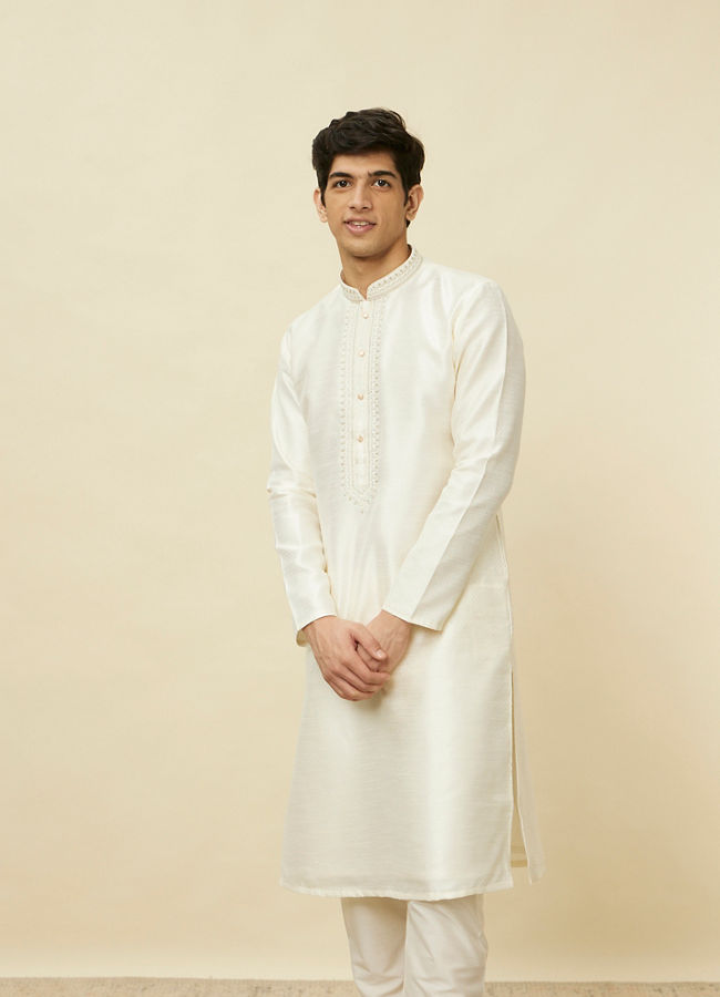 Manyawar Soft Cream Bandhgala Neckline Kurta Set - India shopping