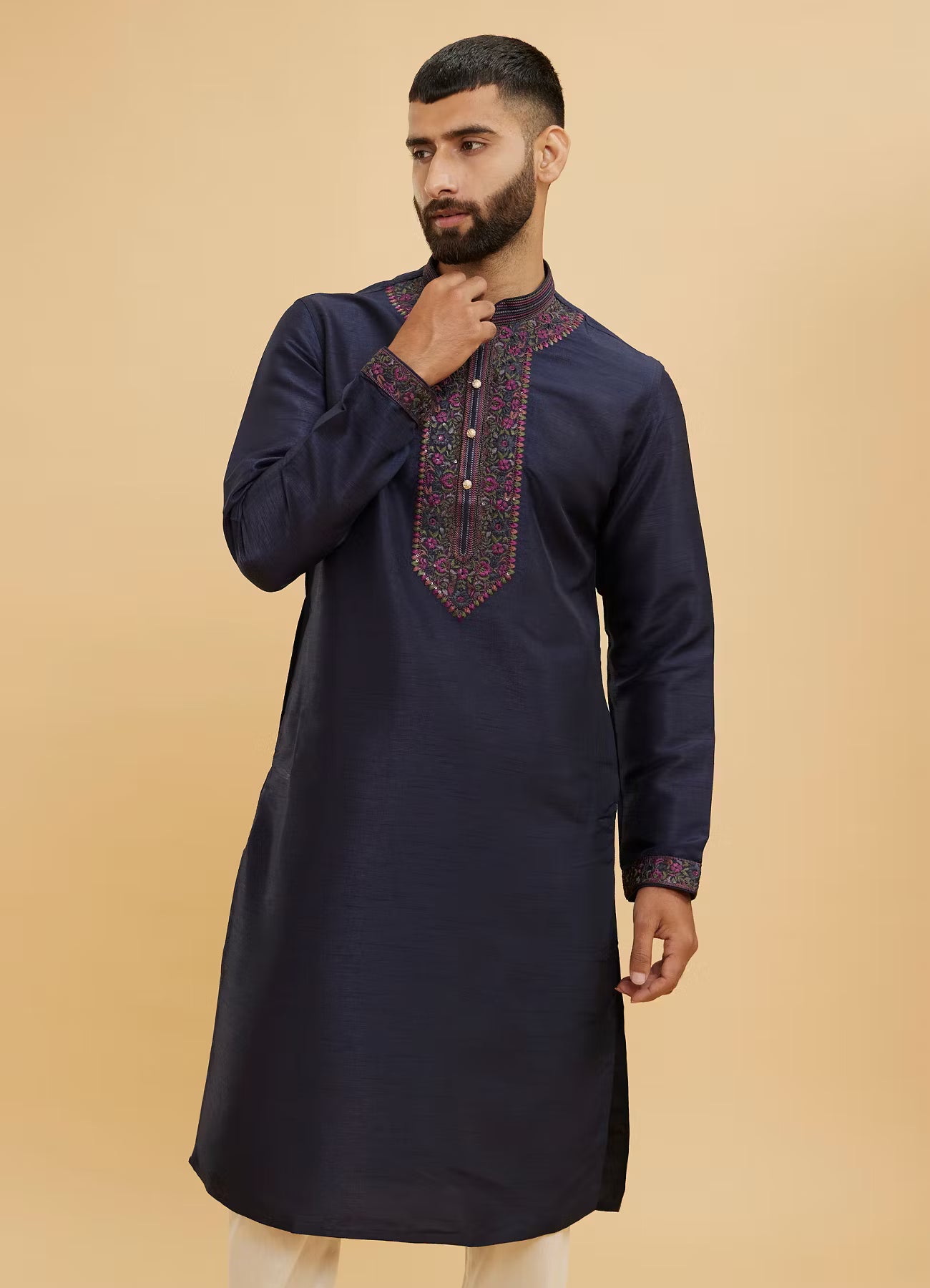 Manyavar Midnight Blue Plain Classic Kurta Set with Neckline | Ready To Wear