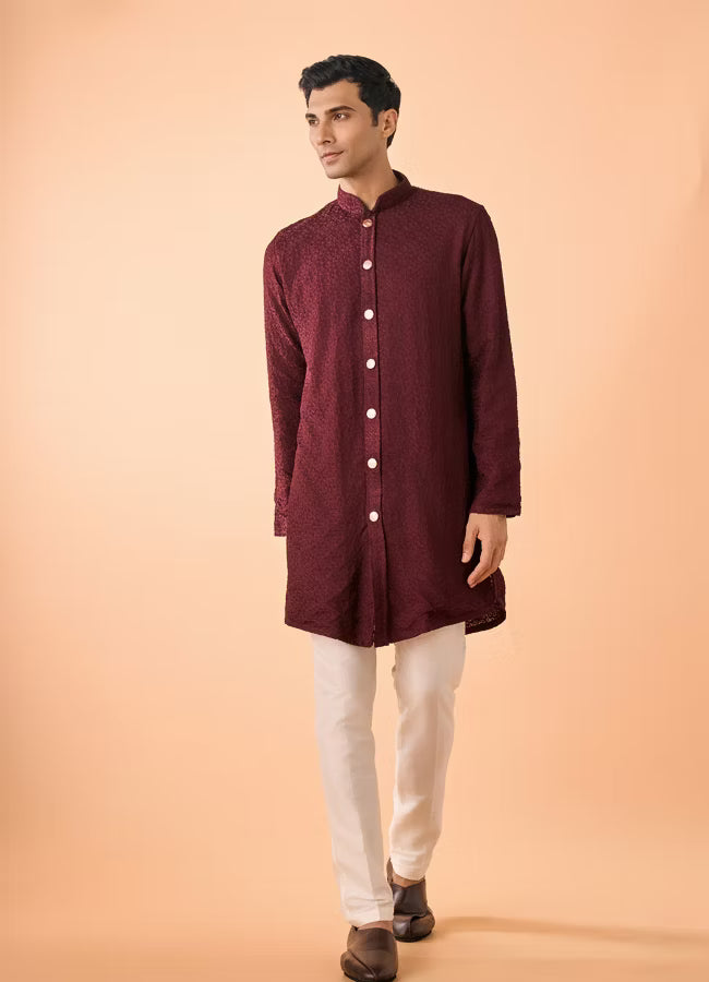 Manyavar Intricate Maroon Kurta Pajama Set | Ready To Wear