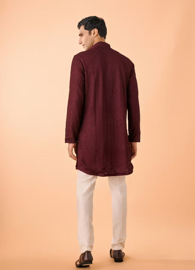 Manyavar Intricate Maroon Kurta Pajama Set | Ready To Wear