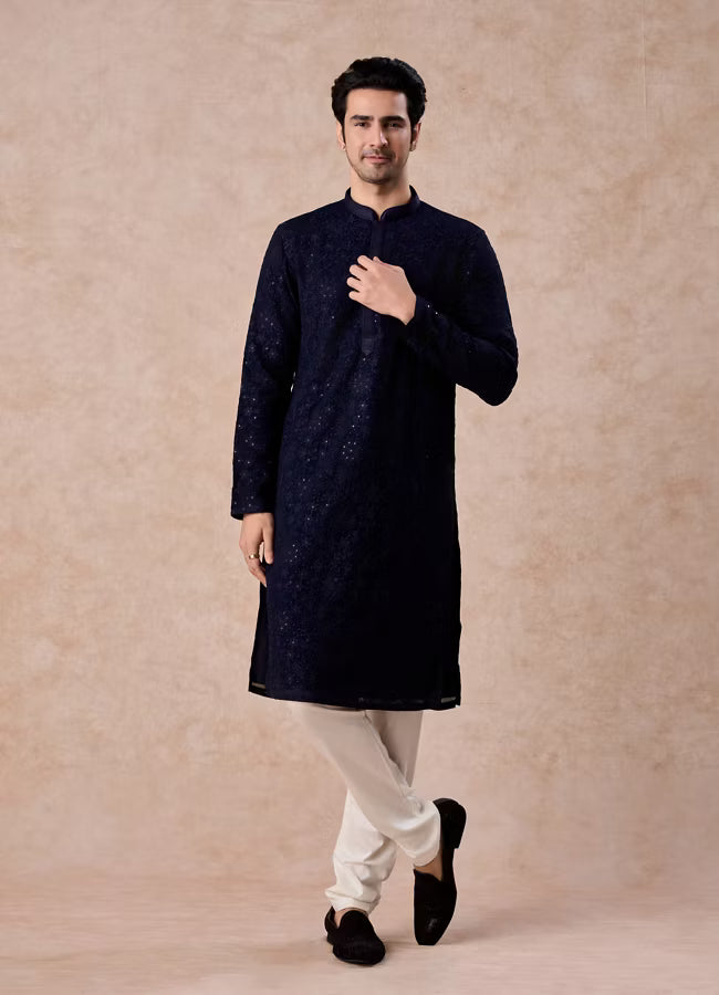 Manyavar Dark Blue Georgette Kurta Pajama | Ready To Wear