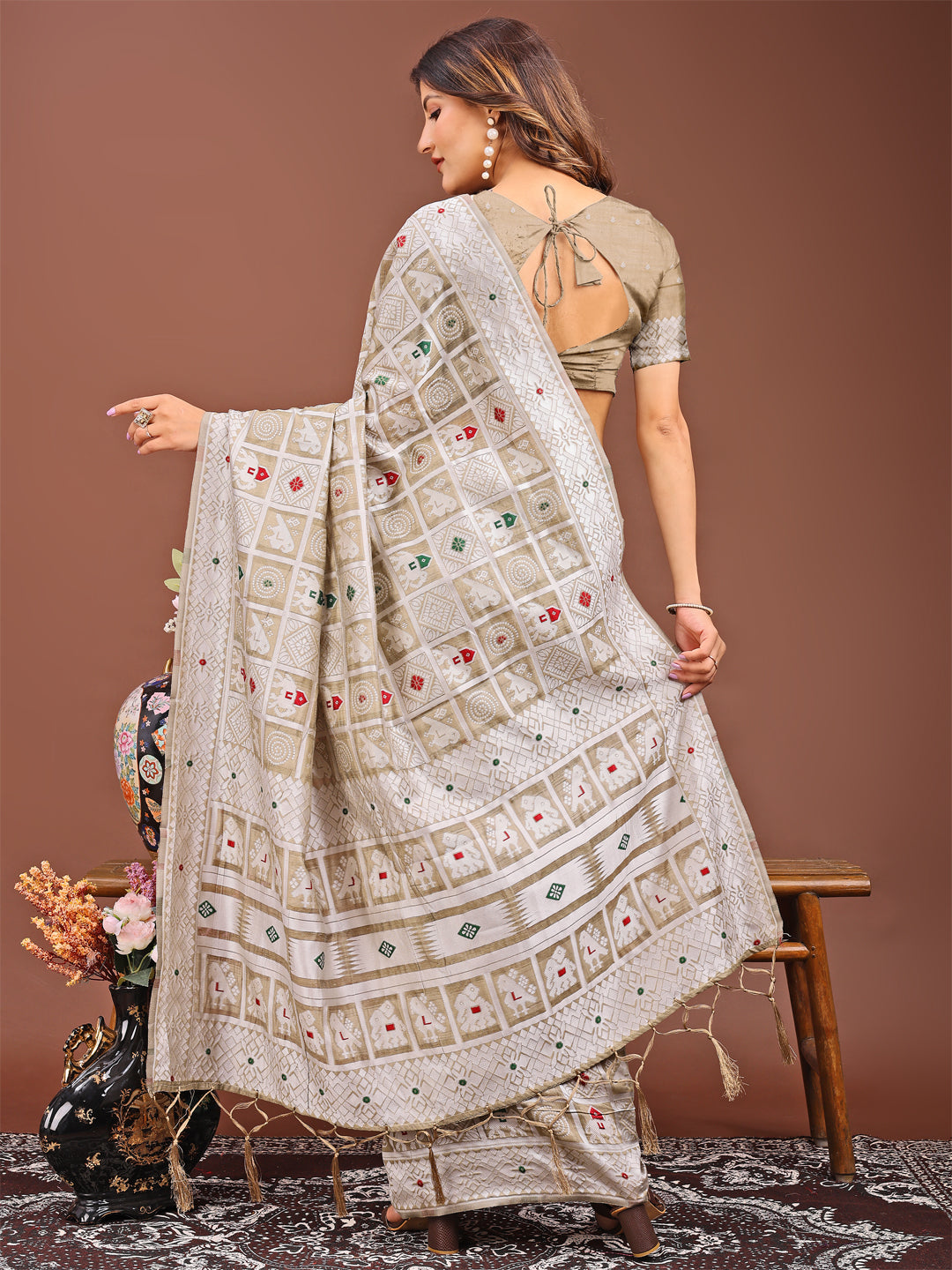 Saanjh Sutra Linen Cotton Saree | Brown Color | Ready To Wear SKU- ASBAD1001