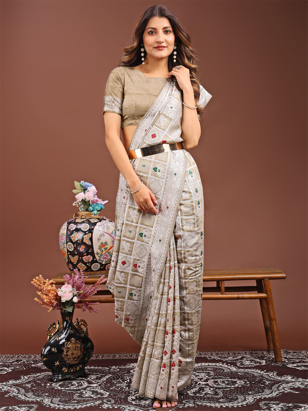 Saanjh Sutra Linen Cotton Saree | Brown Color | Ready To Wear SKU- ASBAD1001