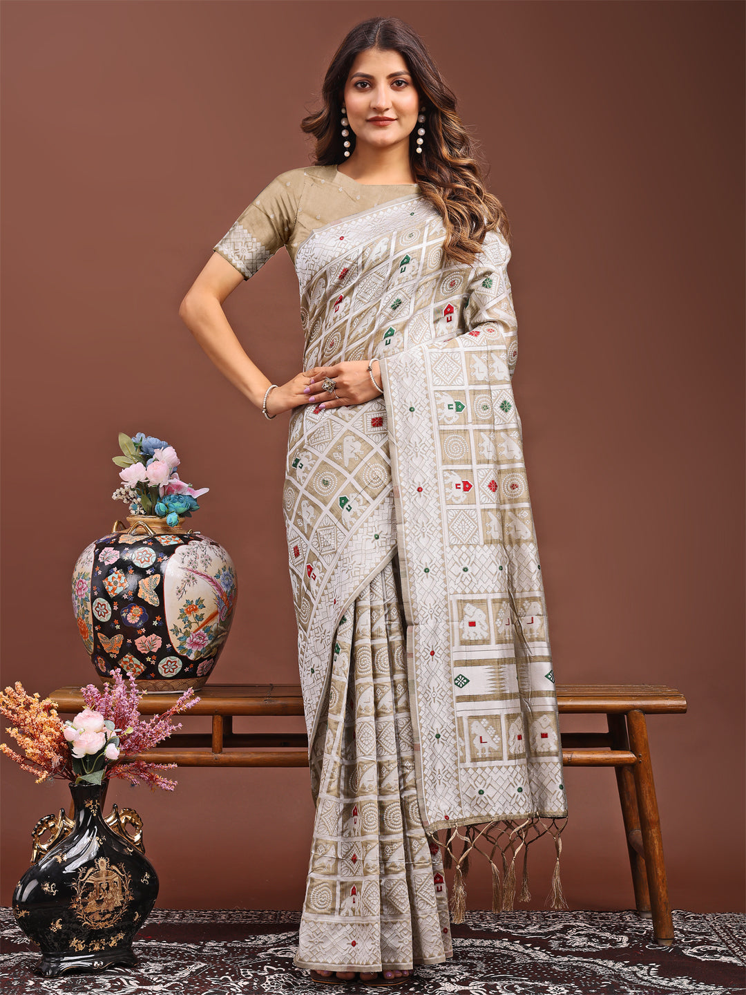Saanjh Sutra Linen Cotton Saree | Brown Color | Ready To Wear SKU- ASBAD1001