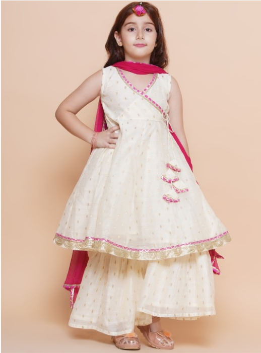 Girls Woven Design Angrakha Gotta Patti Kurta with Sharara & Dupatta - India shopping