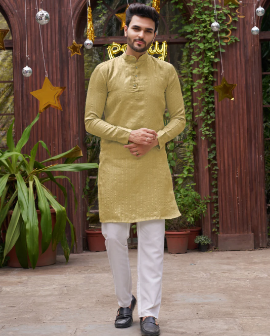 Bansri Gold Lemon Yellow Couple Set Saree and Kurta | Ready To Wear