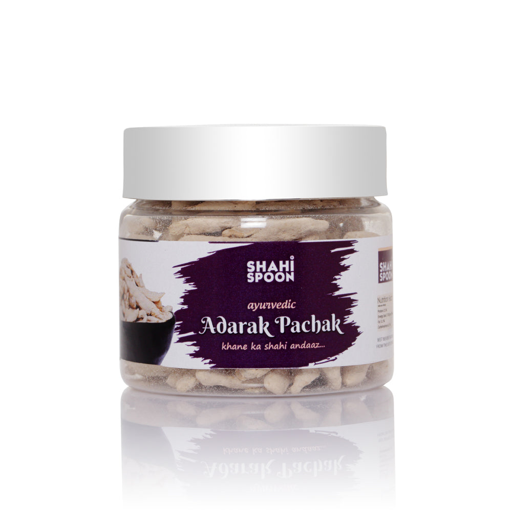 Jar of Shahi Spoon Adarak Pachak on a white background
