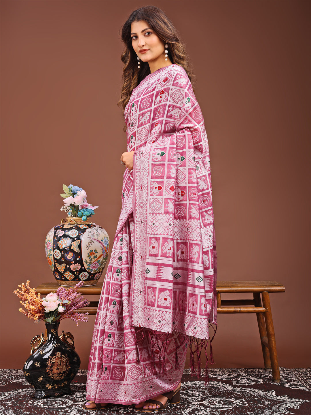 Sitara Sandhya Linen Cotton Saree | Pink Color | Ready To Wear SKU- ASBAD1005