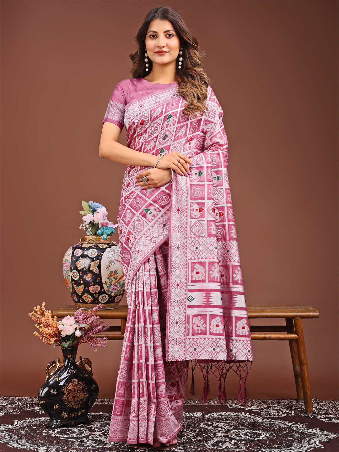 Sitara Sandhya Linen Cotton Saree | Pink Color | Ready To Wear SKU- ASBAD1005