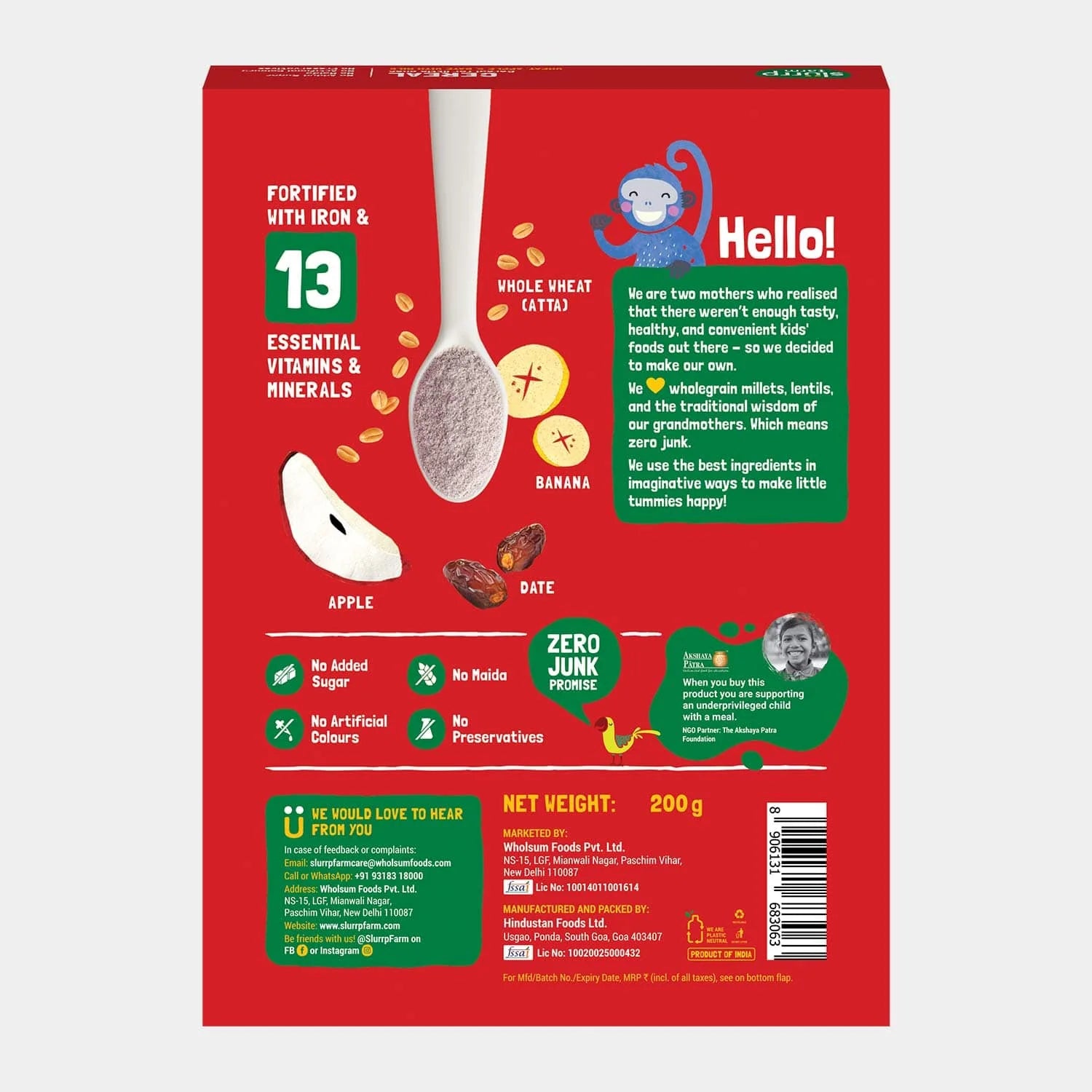 Slurrp Farm Wheat, Apple & Date Baby Cereal With Milk | 200 gms