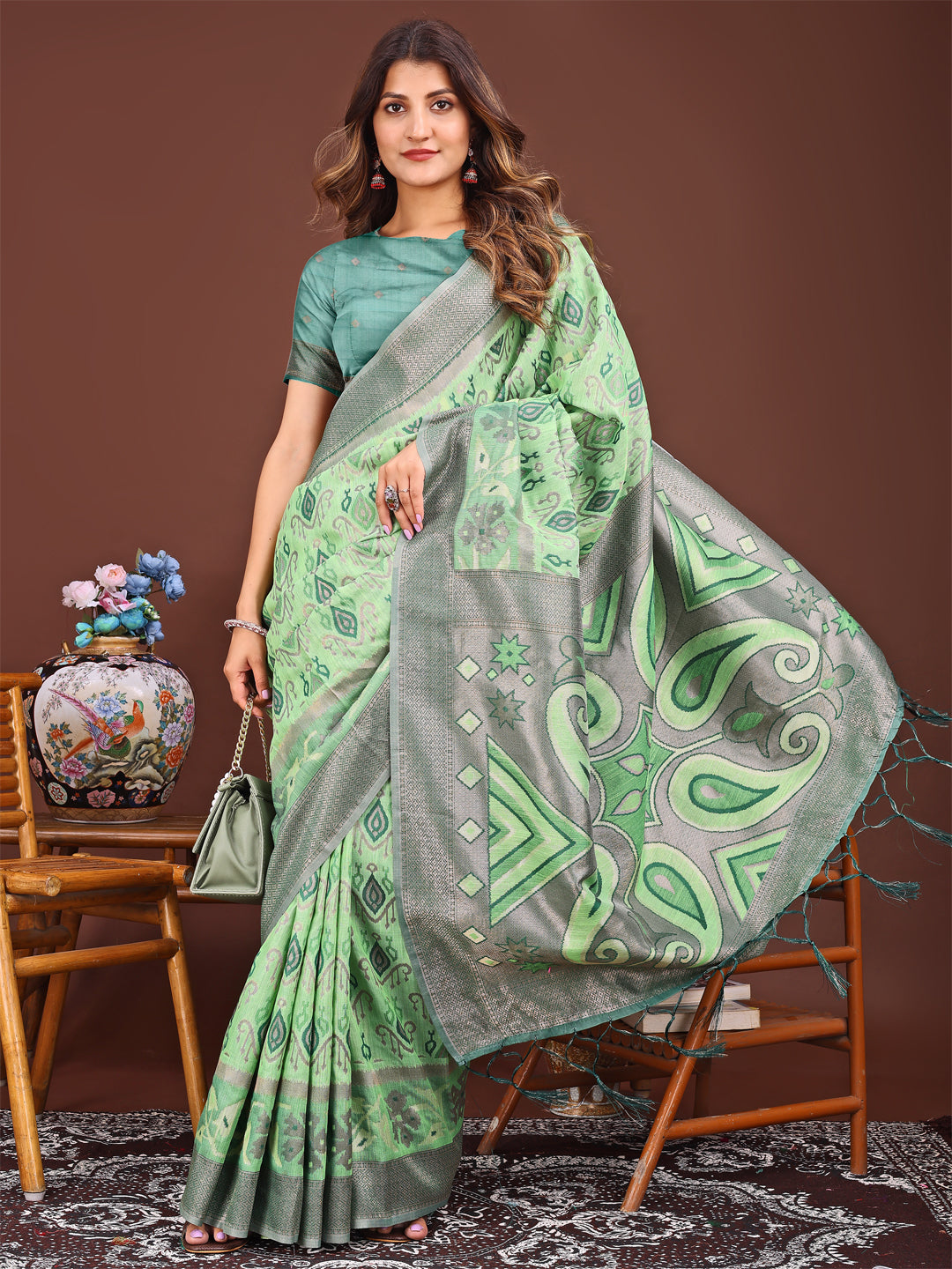 Tara Tusser Linen Cotton Saree | Light Green Color | Ready To Wear SKU- ASKRI1004