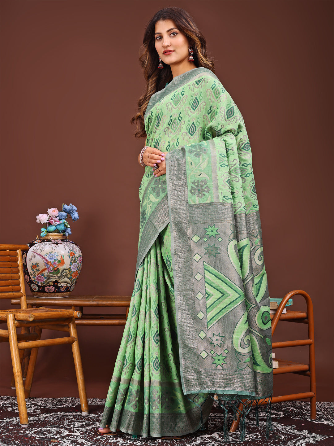 Tara Tusser Linen Cotton Saree | Light Green Color | Ready To Wear SKU- ASKRI1004