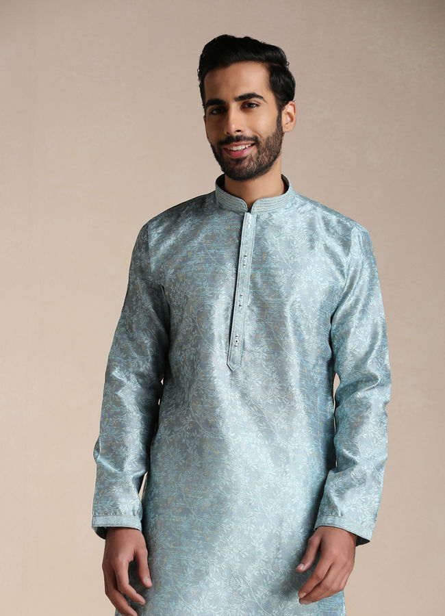 Manyawar Aquamarine Blue Jacquard Pattern Kurta Set - India shopping