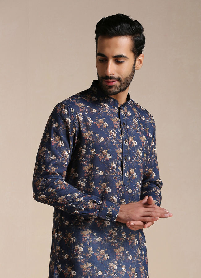 Manyawar Dazzling Blue Floral Print Kurta - India shopping