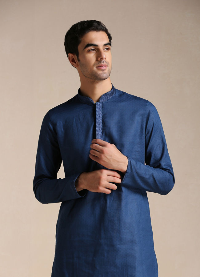 Manyawar Plain Blue Cotton Kurta - India shopping