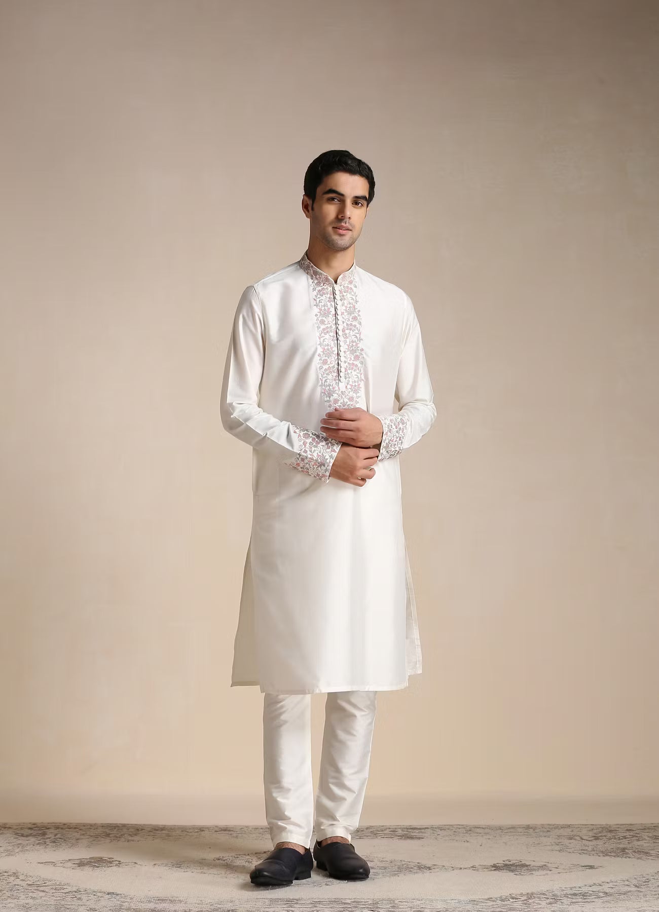 Manyavar Creamy White Embroidery Detailed Kurta Set | Ready To Wear
