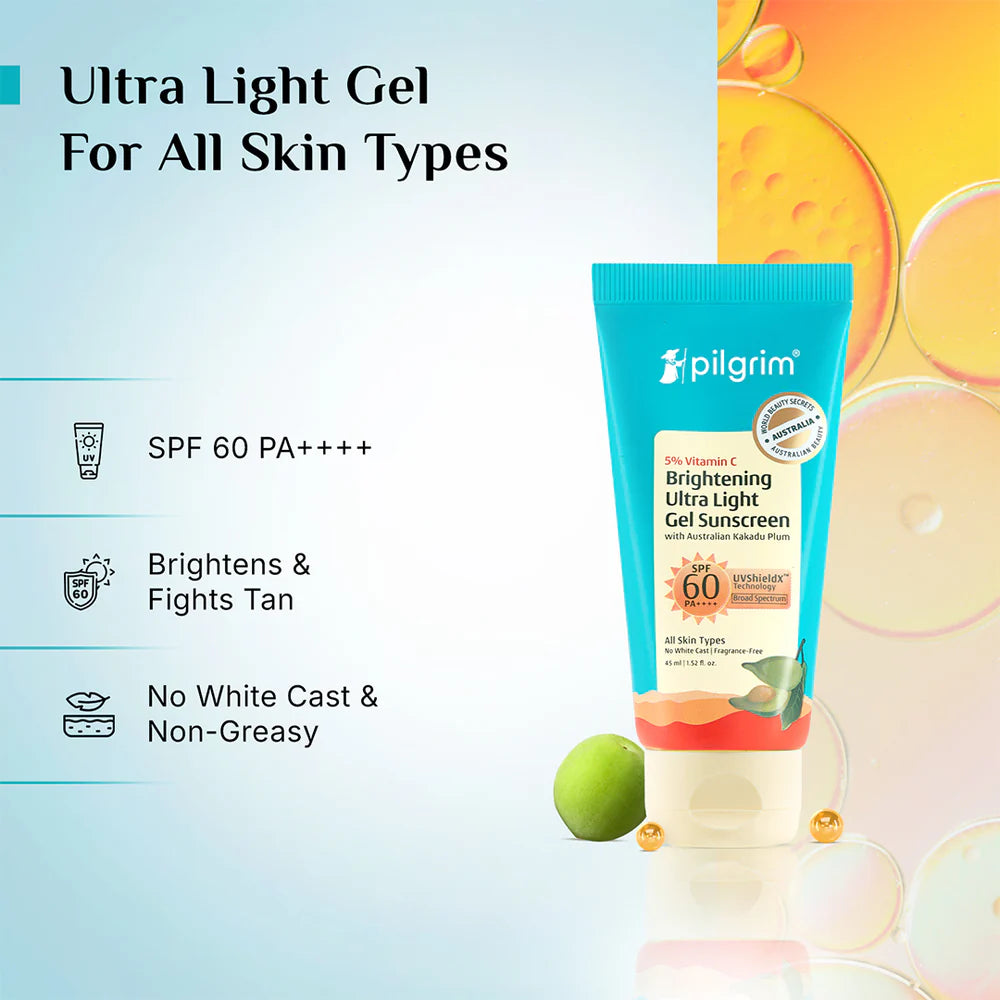 Pilgrim 5% Vitamin C Brightening Ultra Light Gel Sunscreen SPF 60 PA++++ | 45 ML