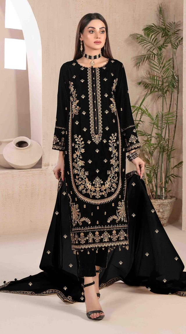 Velvet Suit With Embroidery Work | Ready To Wear