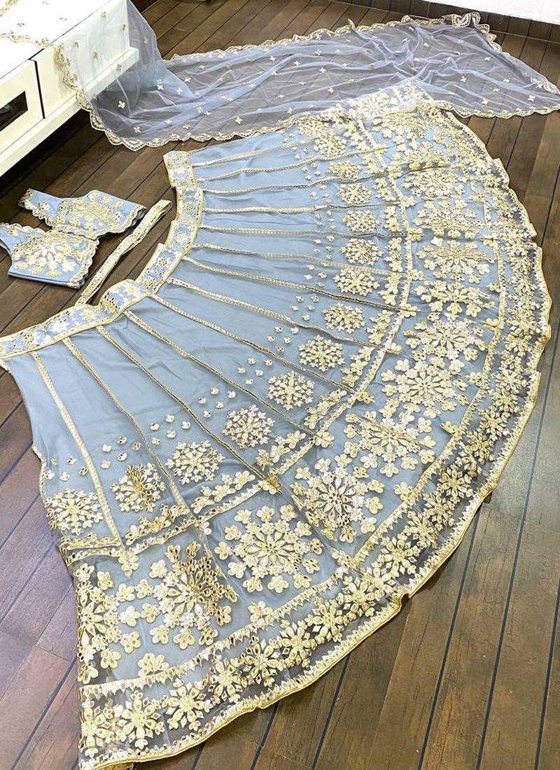 Grey Banglori Satin & Net Lehenga Choli With Zari Work | Ready To Wear