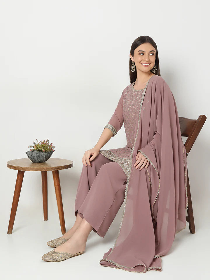 Straight Fit Embellished Kurta And Palazzo With Dupatta Set | Ready To Wear
