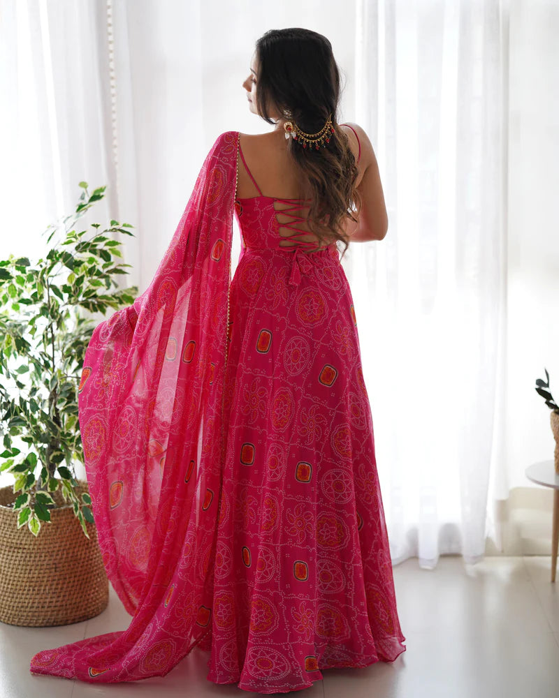 Pink Backless Dori Pattern Print Anarkali Gown | Ready To Wear