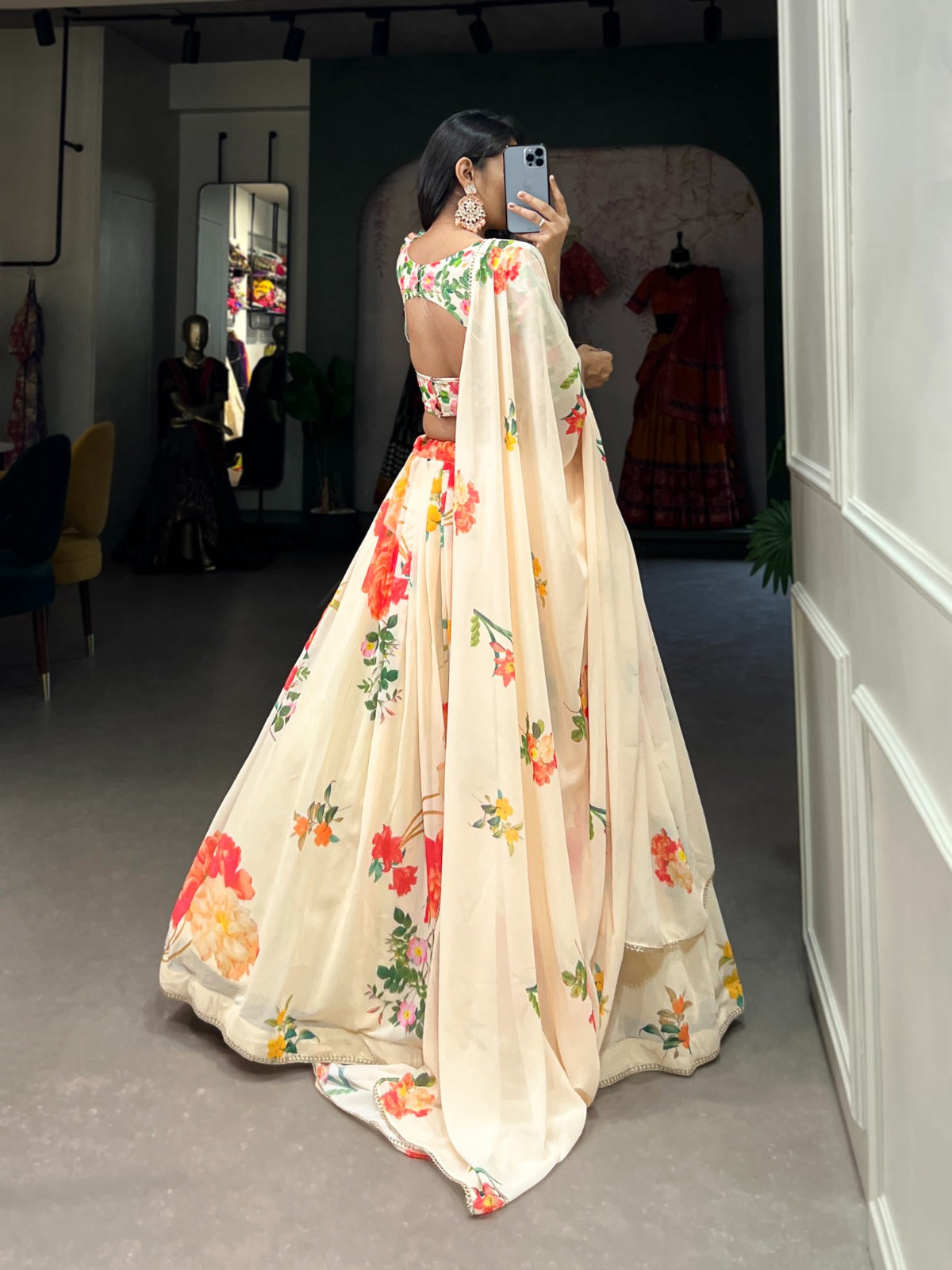 Floral Print Georgette Lehengas With Lace Border - India shopping