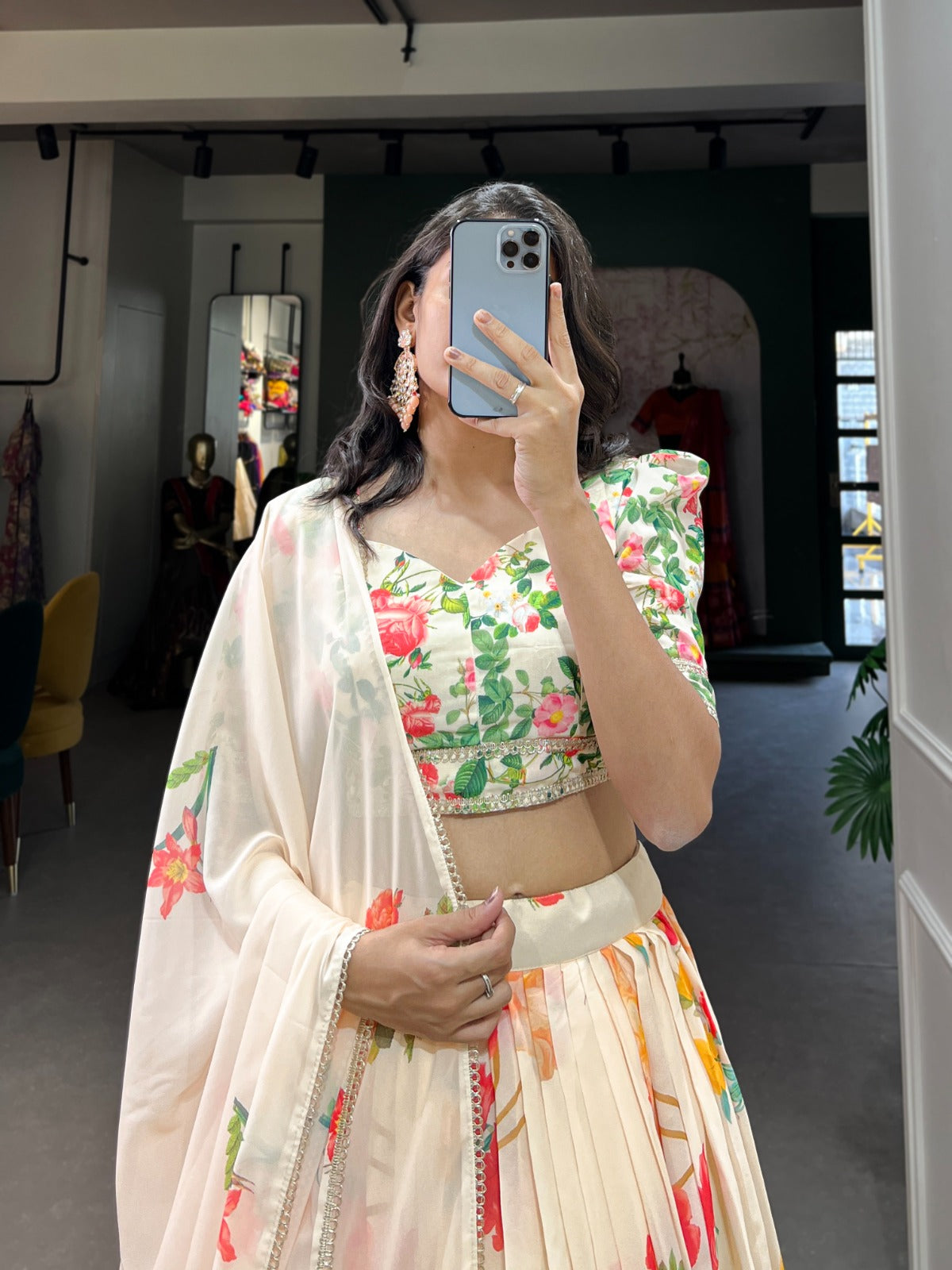 Floral Print Georgette Lehengas With Lace Border - India shopping