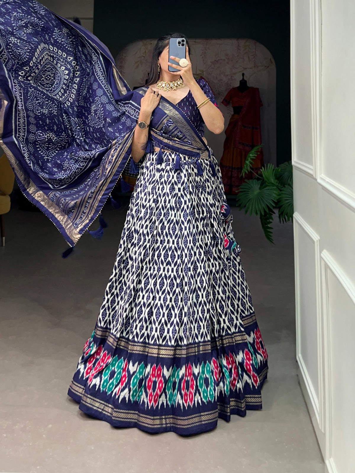 Tussar Silk Lehenga Choli with Ikkat Print And Foil Work - India shopping