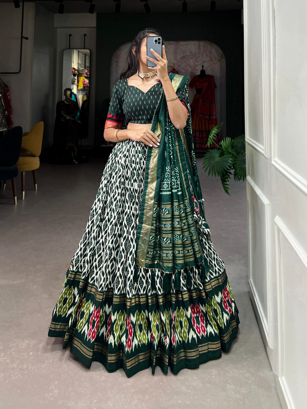 Tussar Silk Lehenga Choli with Ikkat Print And Foil Work - India shopping