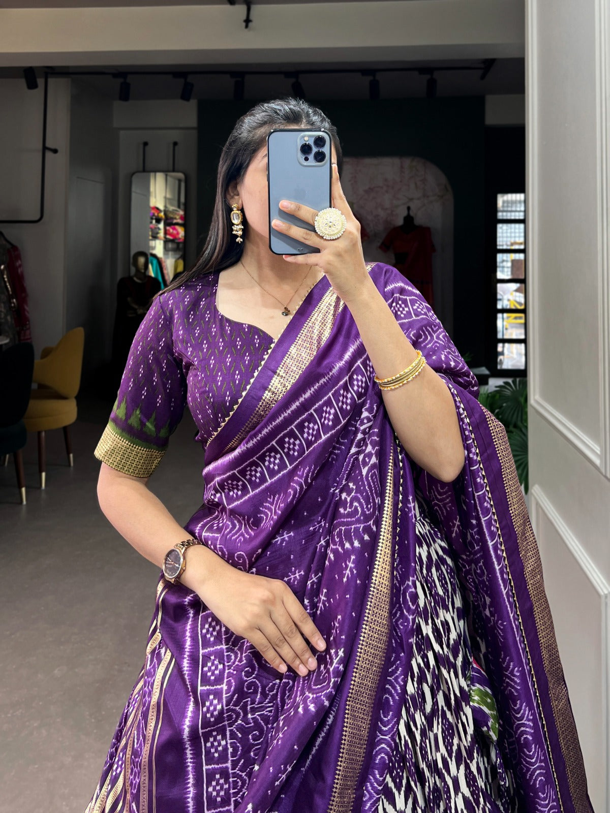 Tussar Silk Lehenga Choli with Ikkat Print And Foil Work - India shopping