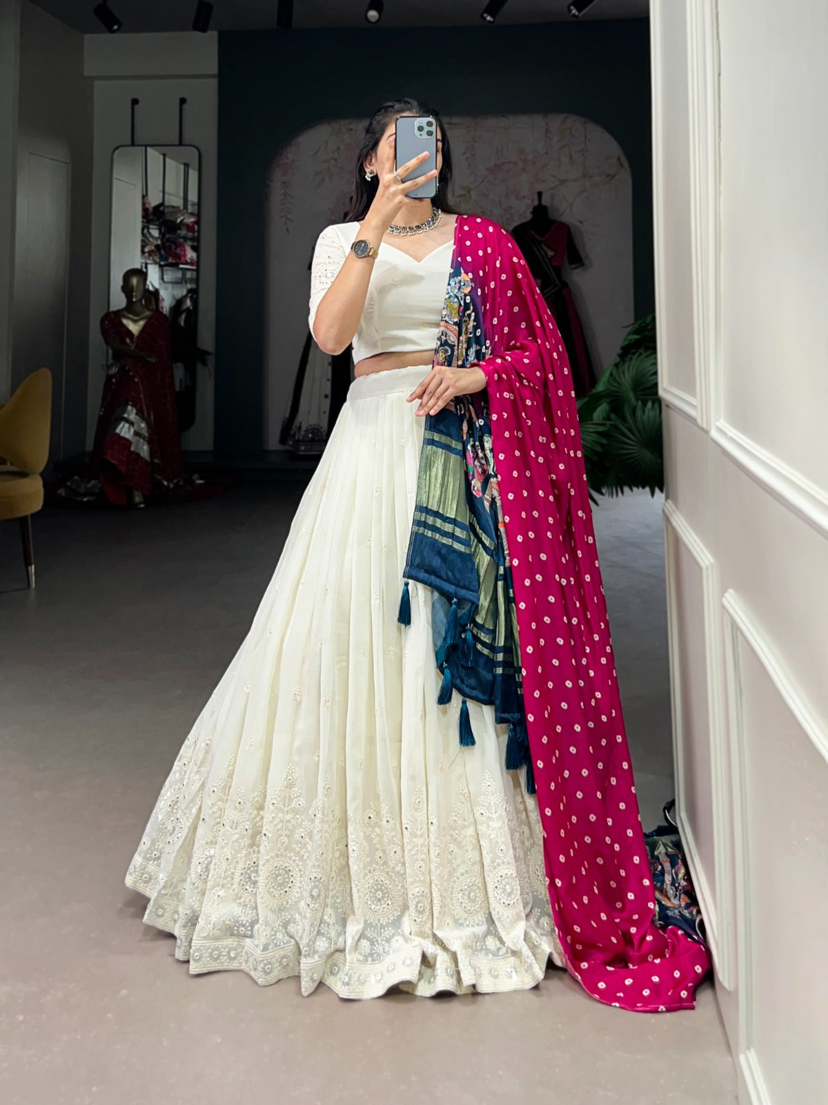 Lucknowi Paper Mirror Work Lehenga Choli - India shopping