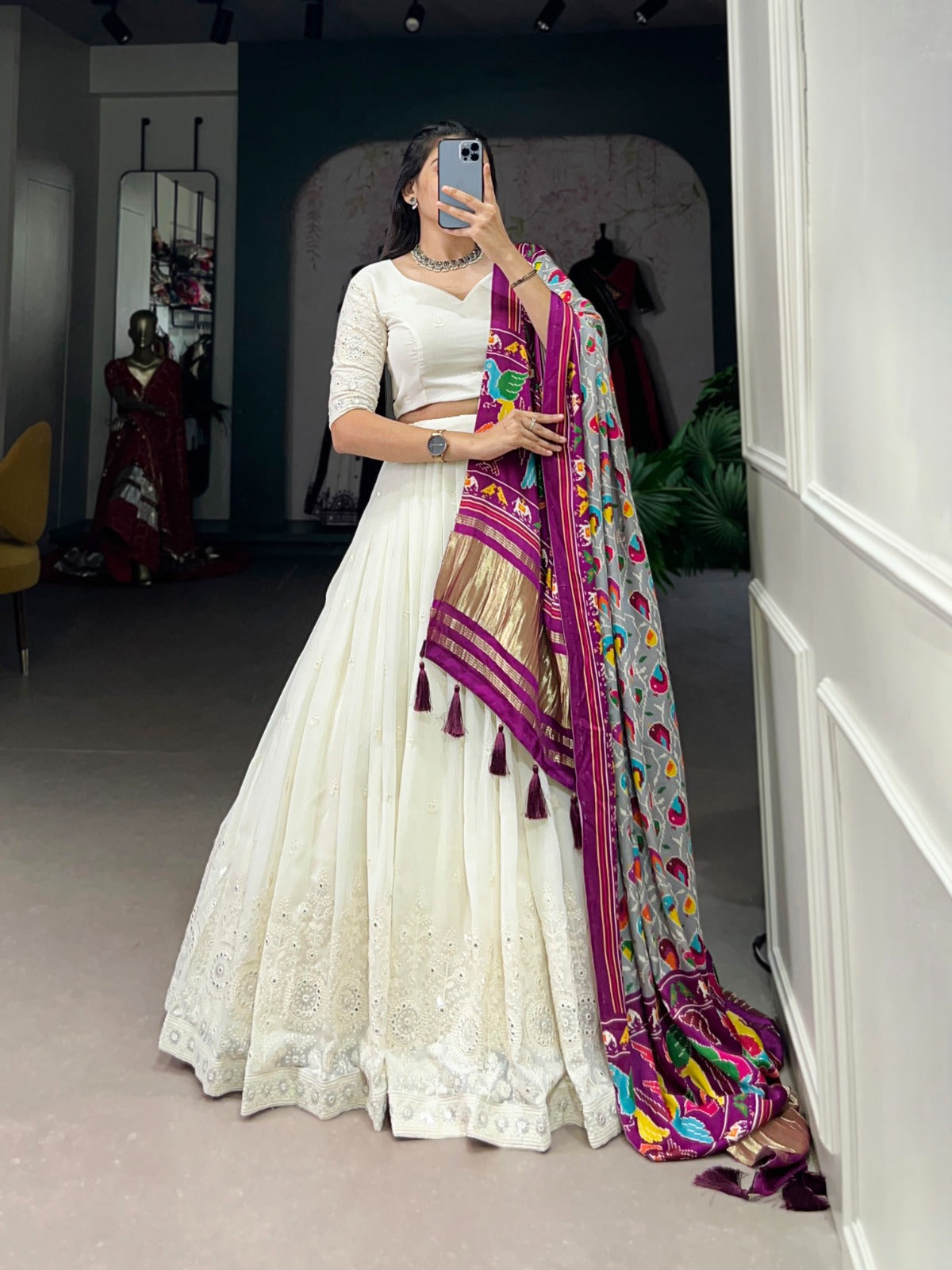 Lucknowi Paper Mirror Work Lehenga Choli - India shopping