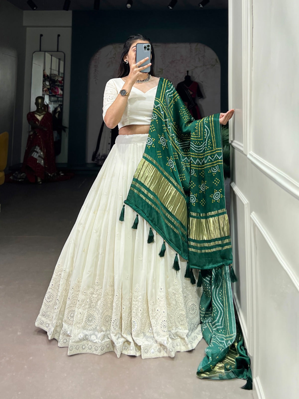 Lucknowi Paper Mirror Work Lehenga Choli - India shopping