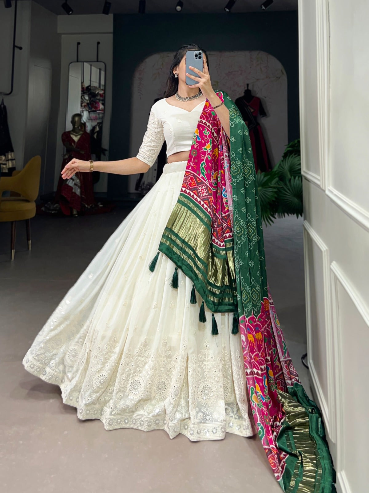 Lucknowi Paper Mirror Work Lehenga Choli - India shopping