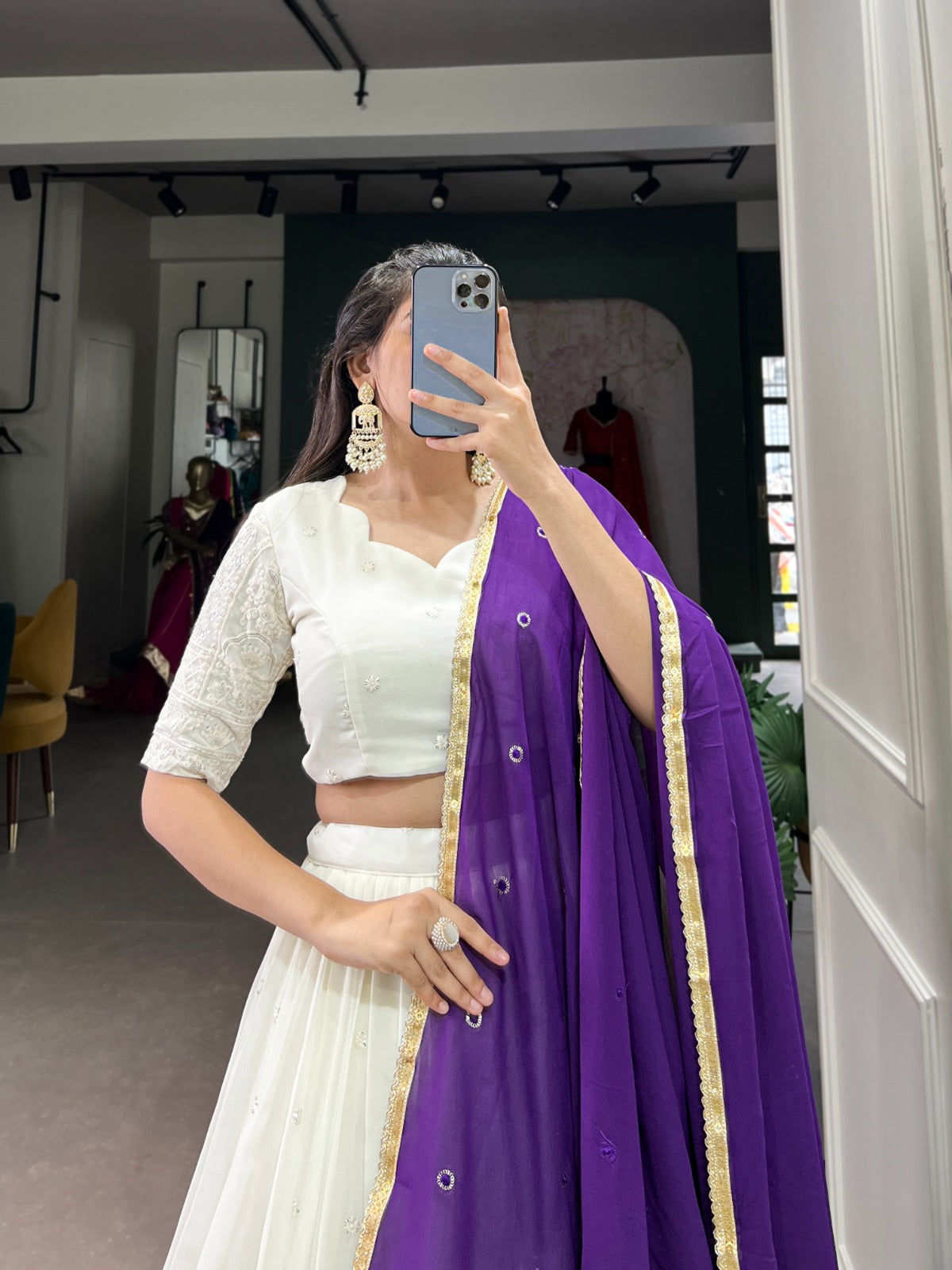 Pink & Purple Lucknowi Paper Mirror Work Lehenga Choli | Ready To Wear - India shopping