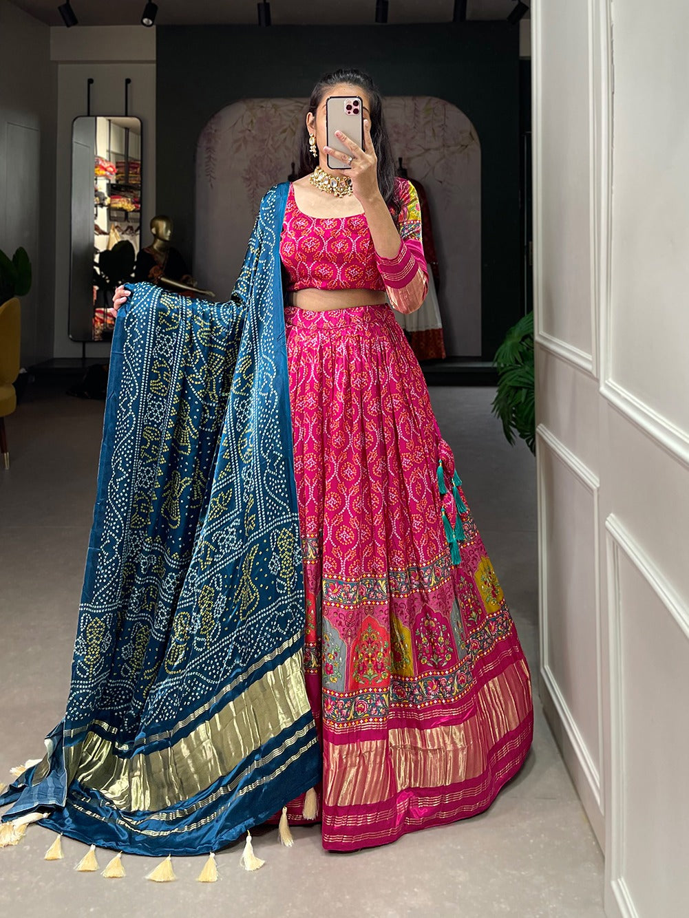 Gaji Silk Lehenga Choli | Digital Print With Lagadi Patta | Ready To Wear - India shopping