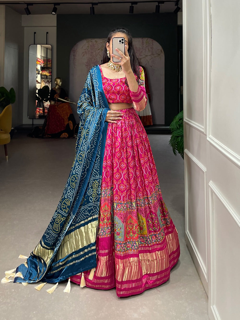 Gaji Silk Lehenga Choli | Digital Print With Lagadi Patta | Ready To Wear - India shopping