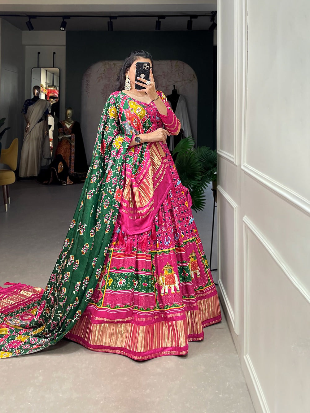 Gaji Silk Lehenga Choli | Digital Print With Lagadi Patta | Ready To Wear - India shopping