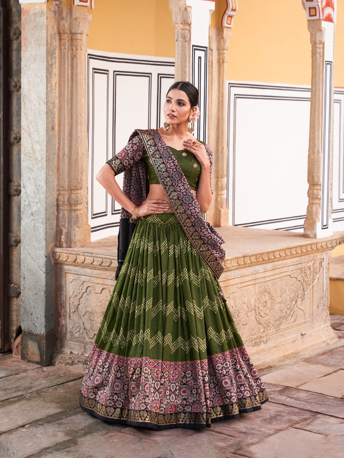 Dot And Ajarakh With Foil Print | Tussar Silk Lehenga Choli - India shopping
