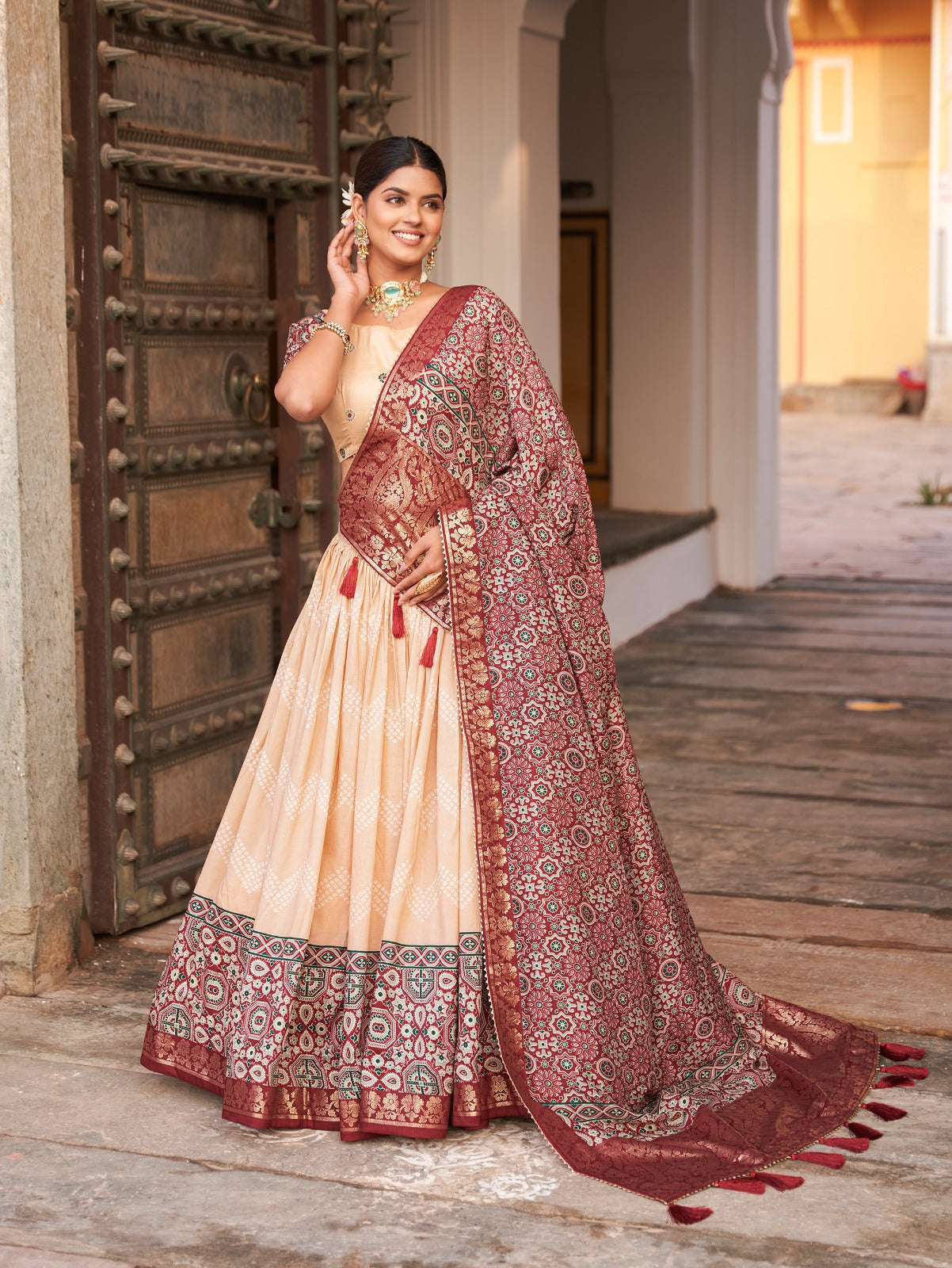 Dot And Ajarakh With Foil Print | Tussar Silk Lehenga Choli - India shopping