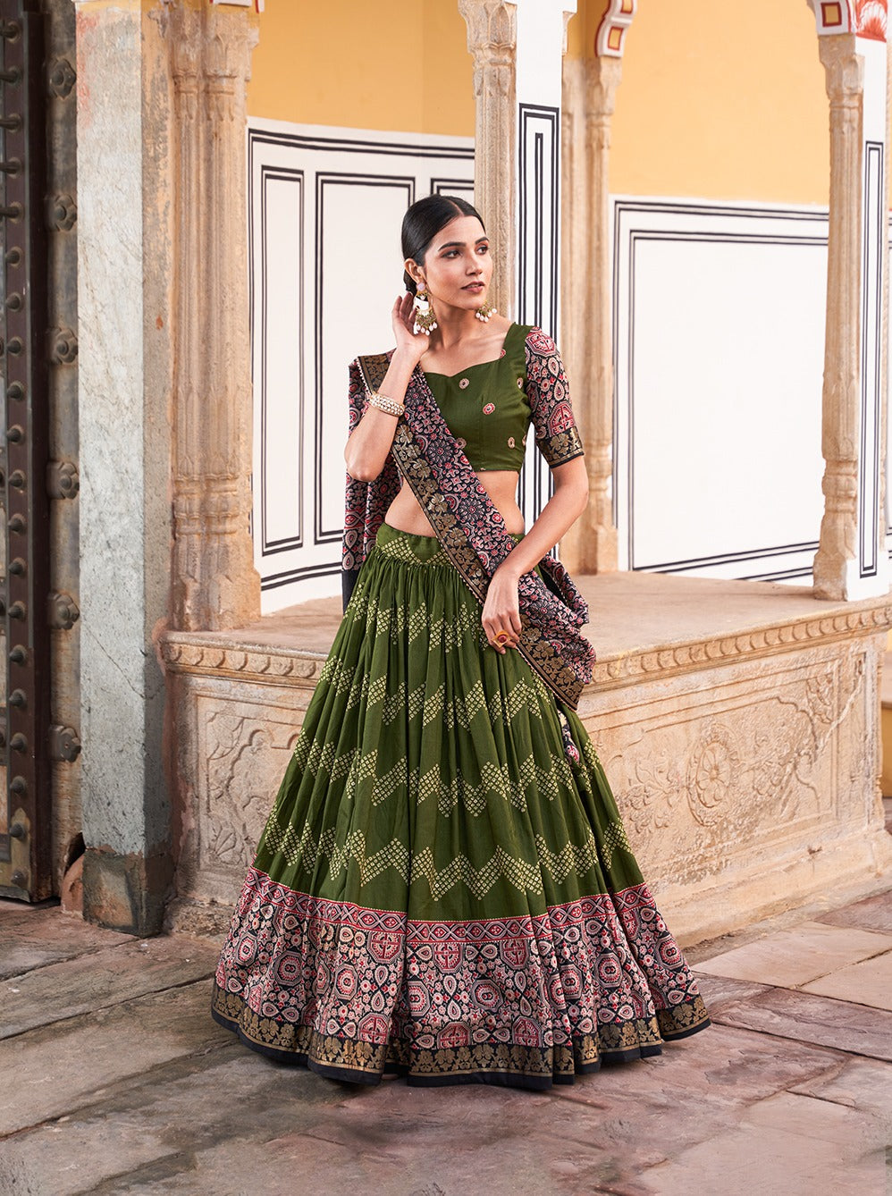 Dot And Ajarakh With Foil Print | Tussar Silk Lehenga Choli - India shopping