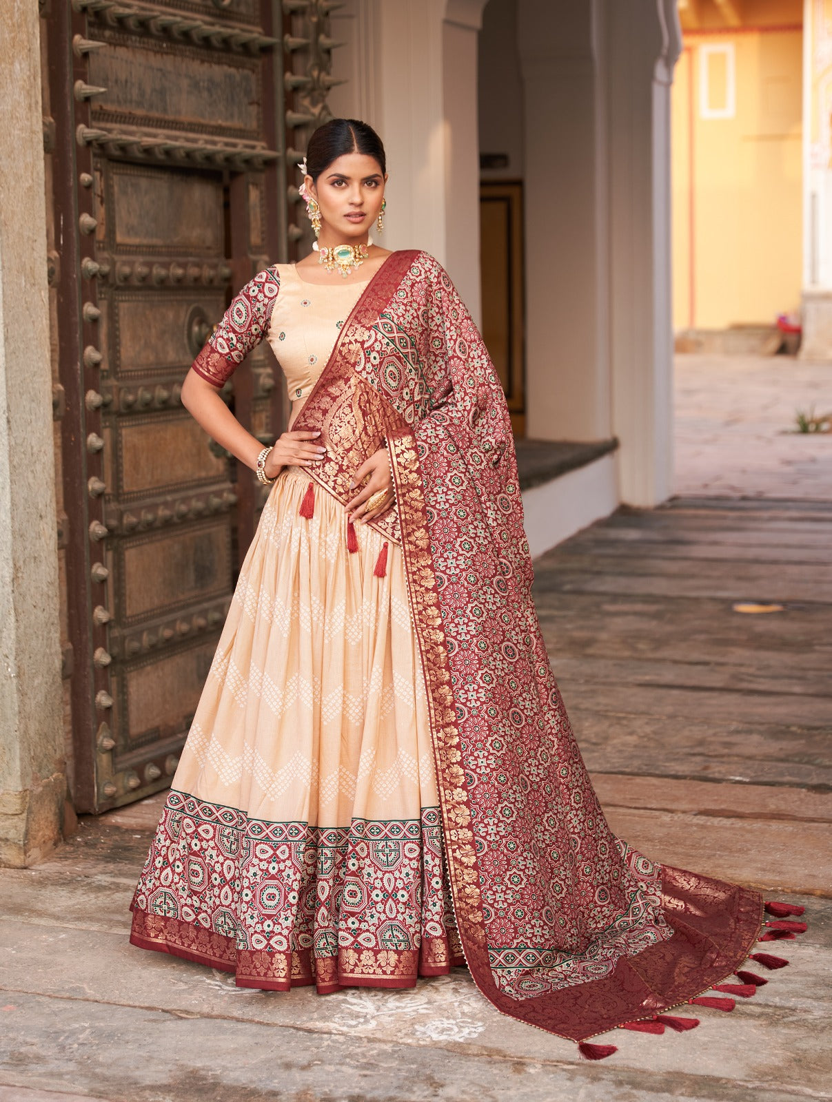 Dot And Ajarakh With Foil Print | Tussar Silk Lehenga Choli - India shopping