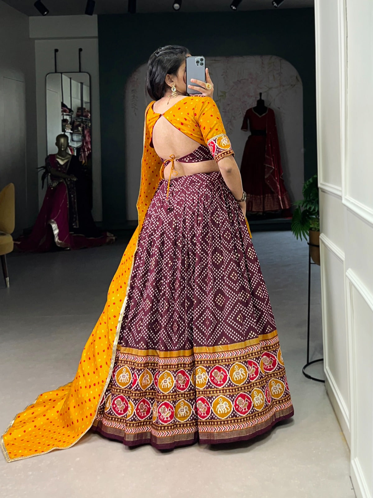 Bandhej And Patola Print With Foil Work on Tussar Silk Lehenga Choli - India shopping